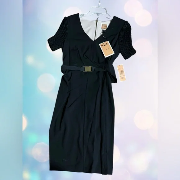 NWT NUE by Shani Black Wrap Dress – Belted Sheath Work Cocktail Size 6 - Picture 2 of 9